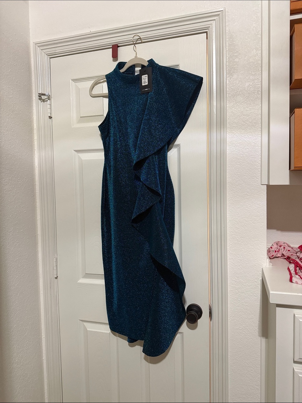 Fashion Nova Teal One-Shoulder Ruffle Sheath Dress